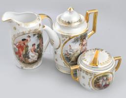 Cseh antik historizáló mintás teás készlet, 4 személyes, matricás, klf jelzésekkel, kopással, sérülé...