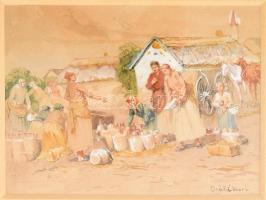 Deák Ébner Lajos (1850-1934): Piaci jelenet. Akvarell, papír. Jelzett. Dekoratív, üvegezett fakeretb...