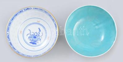 2 darab kínai leveses tál, egyiken repedéssel, jelzéssel, d: 11,5 cm