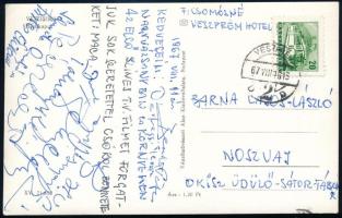 1967 Az első magyar színes tévéfilm forgatásáról küldött képeslap Noszvalyról a kastélyból Szites Ádám, Tolnay Klári, Bodrogi Gyula, Voit Ági, Pécsi... autográf aláírásával