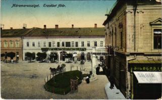 1916 Máramarossziget, Sighet, Sighetu Marmatei; Erzsébet főtér, Silberstein üzlete. Wizner és Dávid kiadása / main square, shops (fa)