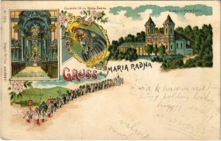 1907 Máriaradna, Mária-Radna, Radna (Lippa, Lipova); Kirche, Gnadenbild, Inneres der Kirche / Kegytemplom, belső, búcsújáróhely, körmenet / pilgrimage site, pilgrimage church, interior, procession. Art Nouveau, floral, litho (fa)