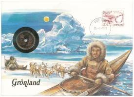 Grönland, benne Dánia 1987. 25ö felbélyegzett borítékban, bélyegzéssel, német nyelvű leírással T:UNC  Greenland with Denmark 1987. 25 Öre coin in envelope with stamp and cancellation, with German description C:UNC