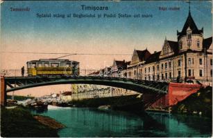 1923 Temesvár, Timisoara; Béga részlet, villamos, kávéház. Vasúti levelezőlapárusítás 14. sz. 1918. / Splaiul stang al Begheiului si Podul Stefan cel mare / riverside, tram, café (EB)