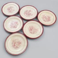 6 db antik Sarreguemines fajansz tányér, kettő repedéssel, matricás, jelzett d: 21 cm