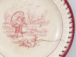 6 db antik Sarreguemines fajansz tányér, kettő repedéssel, matricás, jelzett d: 21 cm