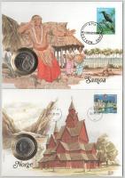 5db-os érmés boríték tétel, mind különféle és német nyelvű tájékoztatóval, benne: Hongkong, Tonga, J...