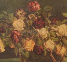 Szecessziós, antik, kissé sérült fakeret, csendélet nyomattal kartonon, jelzett a nyomaton, hátoldal...