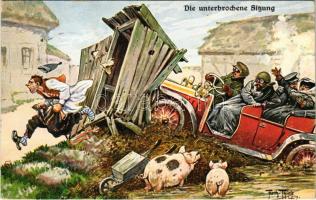 1913 Die unterbrochene Sitzung / A megszakított ülés. Humoros lap toalettnek ütköző autóval / The Interrupted Session - Humour, automobile crashing into a toilet. F.E.D. Serie 433. s: Arthur Thiele (fl)