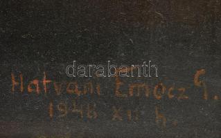 Hatvani Emecz jelzéssel: Csendélet, 1948. Olaj, vászon, sérült. Dekoratív, sérült fakeretben. 60x80 ...