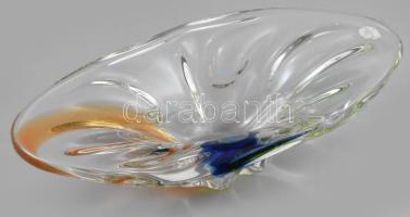 Cseh öntött üveg kínáló, anyagában színezett, lekopott címkével, minimális kopottsággal, 35x18x9 cm