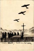 1943 Vitéz Horthy István síremléke / WWII Hungarian military art postcard with military aircrafts (fl)