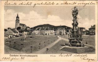 1905 Körmöcbánya, Kremnitz, Kremnica; Fő tér, Szentháromság szobor, Vártemplom, üzletek / main square, Holy Trinity statue, castle church, shops (EK)