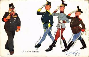 1914 Az első kimenő / Austro-Hungarian K.u.K. military art postcard, humour s: Schönpflug (kis szakadás / small tear)