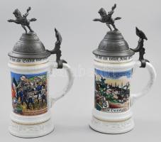 Gerzit huszármintás söröskorsó pár, matricás díszítéssel, huszár figurális fedéllel, sasfigurás billentővel, jelzéssel, hibátlan, m: 26 cm