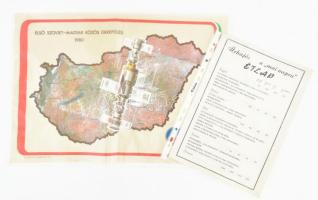 1980 Első Szovjet-Magyar Közös Űrrepülés szövetre nyomott térkép, 47x32,5 cm + Űrhajós étlap, 29,5x21 cm