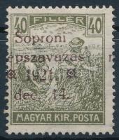 Nyugat-Magyarország VIII. 1921 Arató 40f elcsúszott felülnyomással / Mi III. with shifted overprint. Signed: Bodor