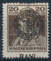 Kolozsvár 1919 Károly 20f elcsúszott felülnyomással, a BANI szó alulra került / Mi 47 I with shifted overprint. Signed: Bodor