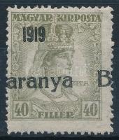 Baranya I. 1919 Zita 40f fekete, elcsúszott felülnyomással / Mi 38 with shifted black overprint. Signed: Bodor