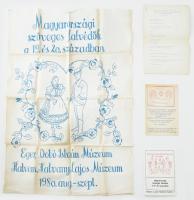 Magyarországi szöveges falvédők a 19-20. században. Szerk.: Kovács Ákos. Hatvany Lajos Múzeum No. 7. Bp., 1980, Hatvany Lajos Múzeum, 89 p. + 1 (Az asszony/férfi életének egy napja) t. Kiadói papírkötés. + 1981 Magyarországi szöveges falvédők a 19-20. században c. kiállítás Fővárosi Tanács Óbuda Galériájában nyíló kiállítás megnyitó meghívója, kihajtható prospektusa. + 1980 A Magyarországi szöveges falvédők a 19-20. században kiállítás látogatói véleményeinek gépelt bejegyzései, 5 p. + A Magyarországi szöveges falvédők a 19-20. században c. kiállítás szita technikával textilre nyomott falvédő-plakátja, 79x59 cm.