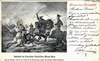 1900 Brassó, Kronstadt, Brasov; Heldentod des Kronstädter Stadtrichters Michael Weiss am 16. October 1612 in der Schlacht bei Marienburg gegen den Fürsten Gabriel Báthory / Michael Weiss brassói bíró hősi halála a barcaföldvári csatában Báthory fejedelem ellen / Heroic death of Kronstadt city judge Michael Weiss on October 16, 1612 in the battle of Marienburg (Feldioara) against Prince Gabriel Báthory (vágott / cut)