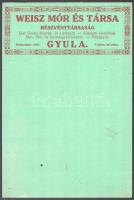 cca 1920-1930 Weisz Mór és Társa Rt. Első Gyulai Konyak- és Likőrgyár karton reklámtábla, néhány lyukasztással, 30,5x20,5 cm