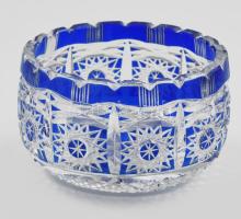 Kék kristály bonbonkínáló, gazdag csiszolással, kis kopással, d: 11 cm, m: 7 cm