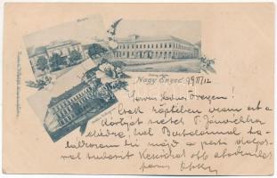 1899 (Vorläufer) Nagyenyed, Aiud; Városház, Leány iskola, Bethlen kollégium. Kapható Wokál-féle könyvkereskedésben / town hall, schools. Art Nouveau, floral