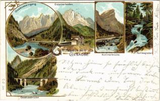 1902 Gesäuse (Steiermark), Gesäuseeingang, Gstatterboden, Kummerbrücke, Hartlesgraben, Gesäusebrücke. Art Nouveau, floral, litho (small tear)