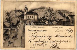 1901 Vaskoh, Vascau; Vaskóli kaszinó, katolikus templom, 200 éves hársfa. Guttmann és társa kiadása / casino, church, 200 years old linden tree