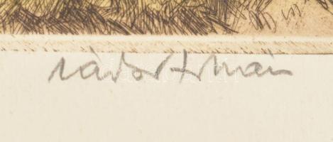 Zádor István (1882-1963): Kastély a várrom alatt. Színezett rézkarc, papír, jelzett, kartonra kasíro...