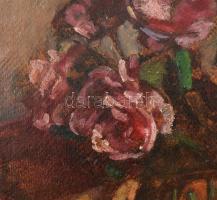 Pirk János (1903-1989): Bazsarózsás csendélet, 1948. Olaj, farost, jelezve jobbra lent. Hátoldalán G...