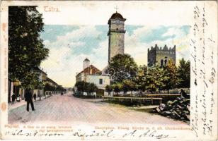 1901 Poprád (Magas-Tátra, Vysoké Tatry), Fő tér, evangélikus templom, régi harangtorony. Feitzinger Ede 68. bt. / main square, Lutheran church, old bell tower