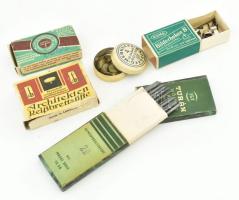 5 doboznyi háború előtti rajzeszköz: irónbetét, rajzszeg, tollhegy, eltérő dobozokban
