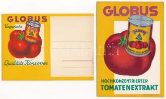 Globus konzervek német nyelvű reklámlapja. Klösz, Manfred Weiss / Ungarische Qualitäts-Konserven, Hochkonzentrierter Tomatenextrakt / Hungarian canned foods advertisements in German, tomato can - 2 db RÉGI reklámlap / 2 pre-1945 advertisement cards