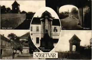 1929 Szigetvár, várfal, várkapu, Hősök emlékoszlopa, Zrínyi emlék, Zrínyi vára