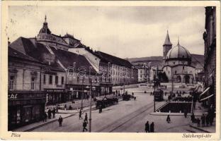 1932 Pécs, Széchenyi tér, villamos, Engel Mór, Kohn Hermann üzlete (EK)