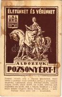 Pozsony, Pressburg, Bratislava; Életünket és vérünket áldozzuk Pozsonyért! irredenta képeslap a lerombolt Mária Terézia szoborral. Közművelődési rt. / Hungarian irredenta postcard about the destruction of the Maria Theresia statue s: Tary (fl)