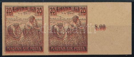 1916 Arató egymásra nyomott 10f és 20f próbanyomat ívszéli pár / proof pair, 20f printed on 10f