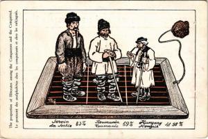 Az analfabéták számaránya a hódítóknál és a leigázottaknál: Románia, Szerbia, Magyarország. Kiadja a Pátria r.-t. / The proportion of illiterates. Hungarian irredenta propaganda art postcard, Trianon s: Bér