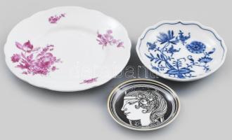 3 db porcelán tányér: Zsolnay, Hollóházi Szász Endre mintás, cseh 8-16 cm-ig