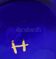 Retro királykék gömbváza, aranycsíkkal, jelzéssel, kopással, m: 10 cm