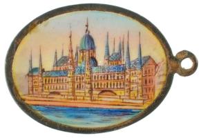 1896. Milleniumi emlék zománcozott medál, előlapján az Országház épületének festett képével (27,5x19mm) T:XF