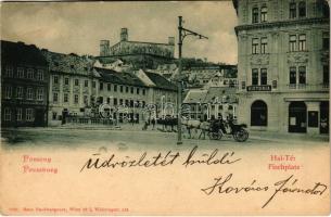 1902 Pozsony, Pressburg, Bratislava; Hal tér, Victoria szálloda, vár, K.u.K. katonák. Hans Nachbargauer / Fischplatz / square, hotel, castle, K.u.K. soldiers