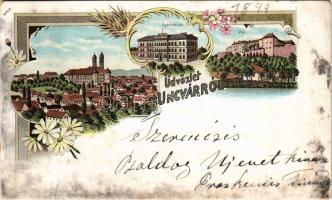 1898 (Vorläufer!) Ungvár, Uzshorod, Uzhorod; gimnázium, vár, templom / grammar school, castle, church. Art Nouveau, floral, litho (r)