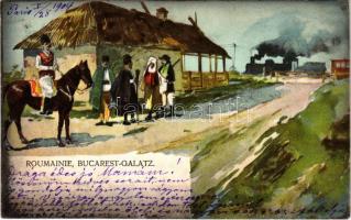 1904 Bucharest-Galati, Bucuresti-Galatz; Roumainie, Railway lin and station, locmotive, train (fl)