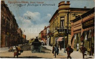 1930 Ramnicu Sarat (Buzau), Strada Victoriei, La Cavalerul Román M. Stainbricher / street, shops (EB)