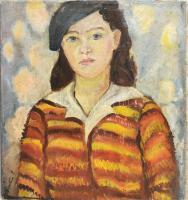 Hegedűs E jelzéssel (Hegedűs Endre?), XX. sz. közepe/második fele: Sapkás lány portréja. Olaj, vászon, javított. 59x55 cm