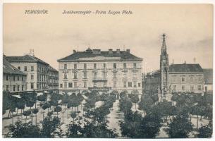 Temesvár, Timisoara; Jenő herceg tér, Rukavina emlékmű, Agrár takarékpénztár. Hátoldalon sorsjegy a Szegény gyermekpoliklinika javára / square, monument, savings bank. Charity lottery ticket on the backside