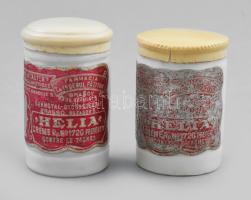 2 db Eugen Neustadter' Schützengel Apotheke reklámos Helia porcelán tégely, sérült bakelit tetőkkel, m: 5-6 cm